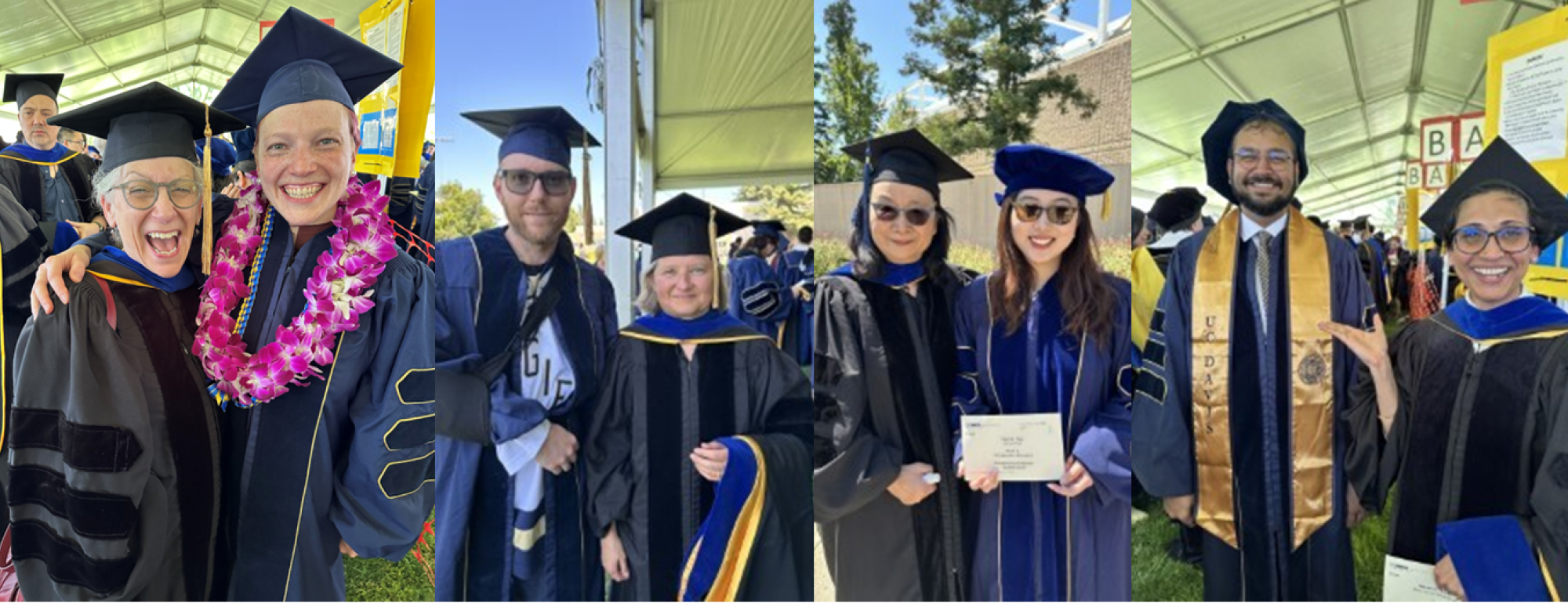 Four students with their advisors at 2025 Graduate Commencement